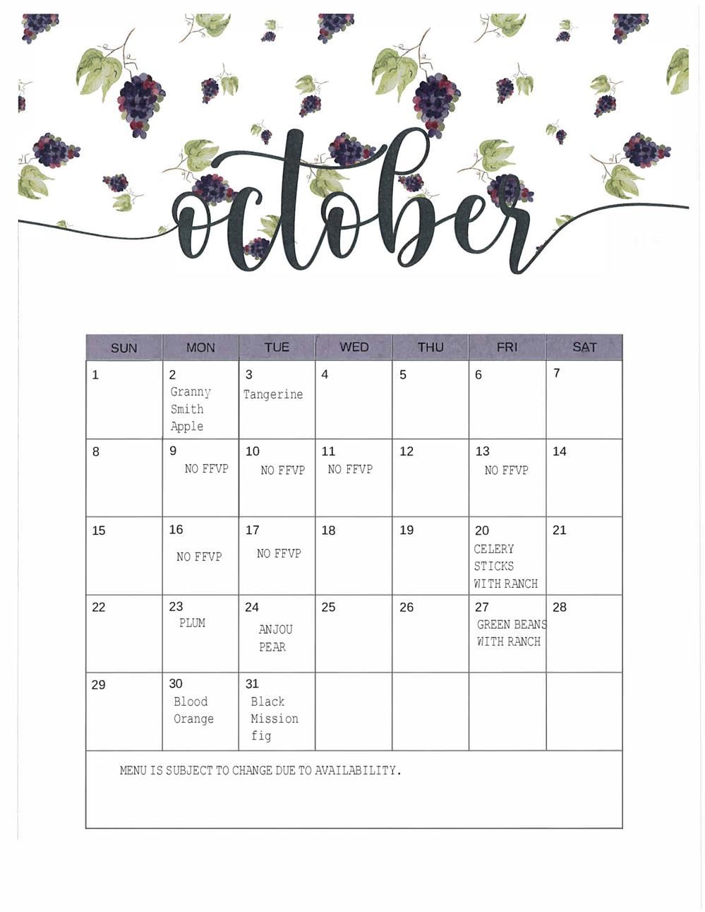  FFVP October Snack Menu
